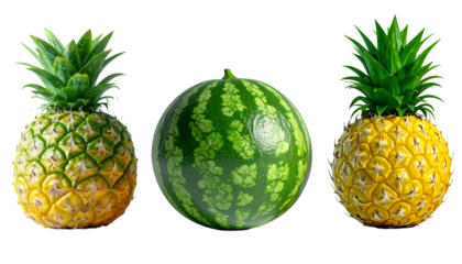 Two fresh pineapples and a round green watermelon arranged side-by-side on a white background.
