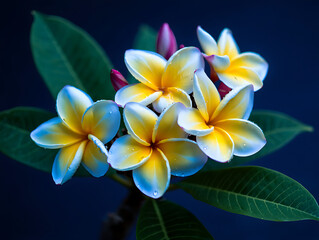 Fototapeta premium Beautiful Plumeria Flowers with Water Droplets and Dark Blue Background