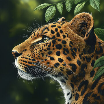 Majestic leopard profile, dappled fur, watchful gaze amidst green foliage