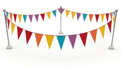 Obraz premium Colorful triangular party flags hanging on a metal stand isolated on white background, perfect for adding a festive touch to any celebration or event with vibrant decoration