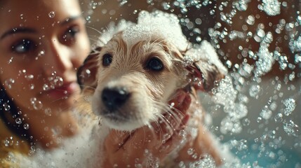 Dynamic low-angle shot from the side of a bathtub. A woman's hands gently but firmly holding a playful, wet puppy covered in suds. Water droplets splashing, soap bubbles everywhere. 