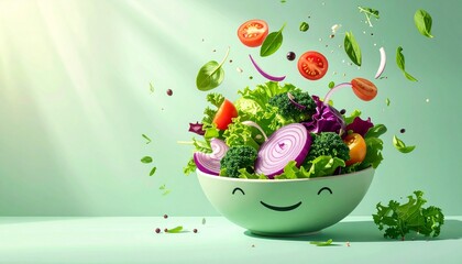Fresh, vibrant salad ingredients bursting with flavor, playfully levitating above a cheerful bowl.