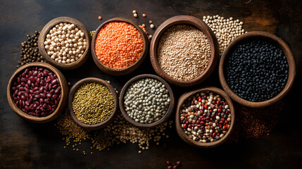 Assortment of colorful legumes in wooden bowls. Variety of beans and lentils for healthy eating. Plant-based protein concept in a top view flat lay
