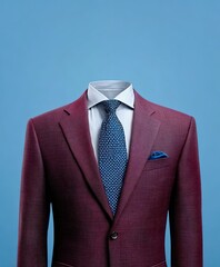 Front-Facing Men's Business Suit Portrait (Strict Front View) - Tailored Deep Burgundy Checkered Suit, Navy Knit Tie, Solid Light Blue Background,High Res