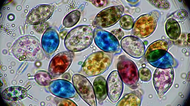 Microscopic view of colorful microorganisms, protists, and cells, a science and biology concept
