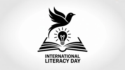 Elegant international literacy day design featuring a flying bird, open book, and lightbulb, symbolizing knowledge and education