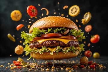 Cheeseburger with Floating Ingredients on Dark Background