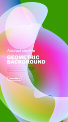 Vibrant abstract shapes overlap, creating colorful geometric background. Text promotes further exploration. Modern design elements present.