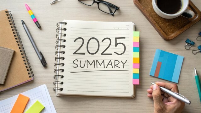 Detailed 2025 Summary Planning Notebook with Stationery Items on Wooden Desk for Productivity and Organization Purposes