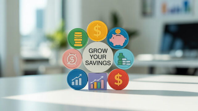 Grow your savings concept with coins, piggy bank, and chart icons on a desk, symbolizing financial growth and investment strategies