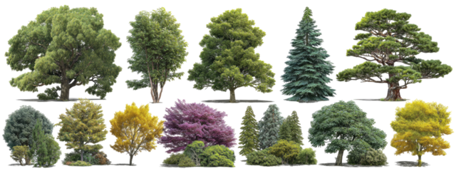 Variety of trees and shrubs in assorted colors and shapes
