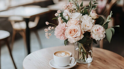 Pastel roses and latte art grace a cafe table