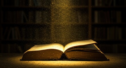 Literary Lore Unveiled: An open, weathered tome radiates with an ethereal light, a visual metaphor for knowledge, discovery, and the timeless beauty of written words.