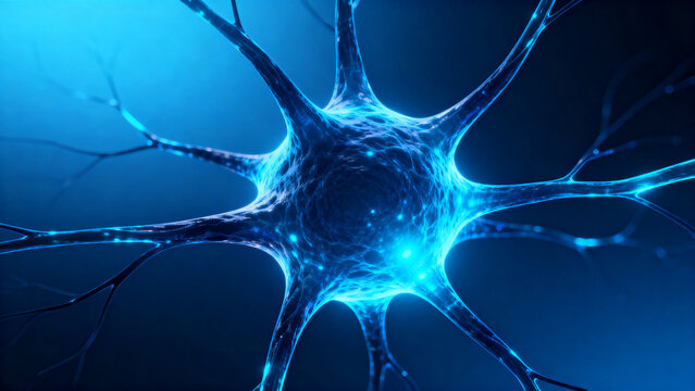Neuron cell with glowing blue dendrites and axons in a dark background - Powered by Adobe