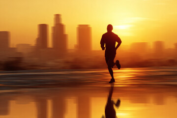 Fototapeta premium Marathon Runner Silhouette at Dawn with Urban Cityscape Background