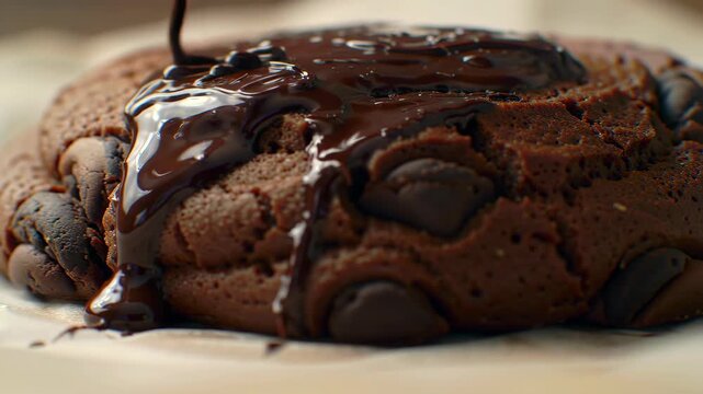 Close-up of chocolate being poured onto a freshly baked chocolate chip cookie for a sweet treat and delicious dessert.