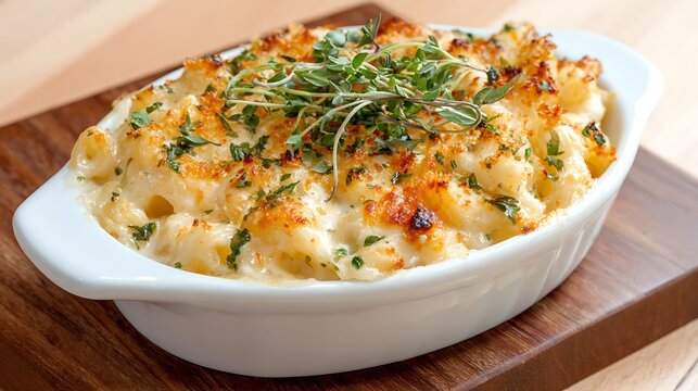 Gourmet mac and cheese served with herbs