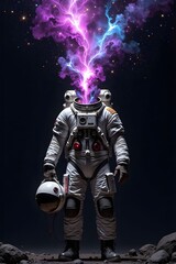 Naklejka premium Astronaut standing on rocky terrain, holding helmet, purple and blue energy emanating from head.