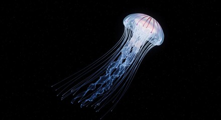Luminous Jellyfish in Darkness: A single jellyfish gracefully drifts in a deep, dark ocean, illuminated by an ethereal glow.