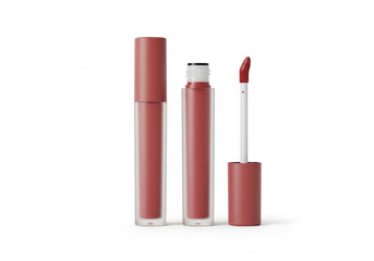 Obraz premium Lip gloss tubes displayed on white surface show cosmetic product and applicator, suggesting beauty and makeup application.