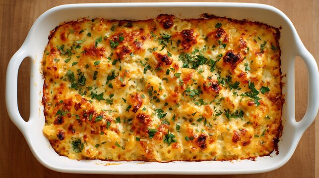 Baked mac and cheese casserole with herbs