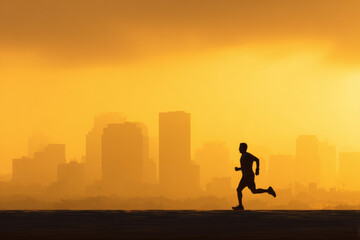 Fototapeta premium Marathon Runner Silhouette at Dawn with Urban Cityscape Background