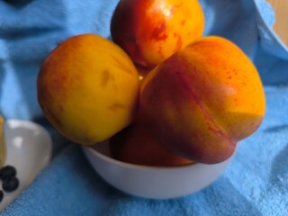 freshly baked bun with sour cream filling on a white plate surrounded by ripe nectarines.