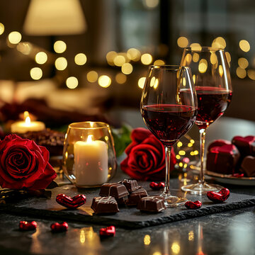 Romantic candlelit dinner: wine, chocolates, and roses