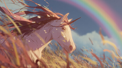 Beautiful illustration of a unicorn running over a rainbow