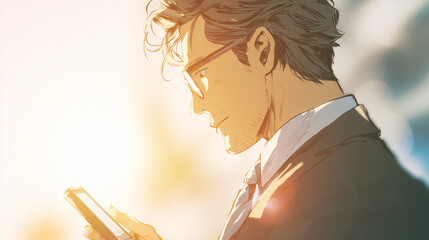 An anime-style businessman uses his mobile phone outside the building of a large technology company.