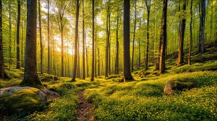 Fototapeta premium A serene forest scene bathed in golden sunlight, with lush greenery and blooming flowers, creating a tranquil atmosphere.