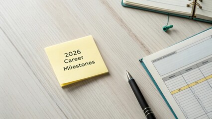 Sticky Note with 2026 Career Milestones Text on Desk Surface Next to Notebook and Pen in Modern Workspace Setting
