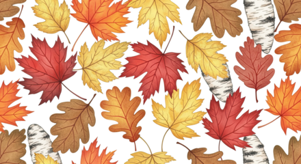 Pattern of various autumn leaves and birch bark on a transparent background