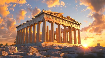 Obraz premium A stunning photo-realistic image of the ancient Greek Parthenon at sunset, showcasing glowing marble columns and intricate details.