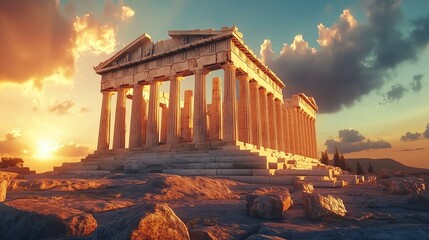 Obraz premium A stunning photo of the ancient Greek Parthenon at sunset, showcasing glowing marble columns and intricate details of history.