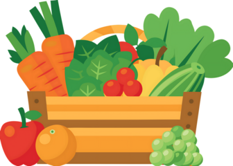 Flat Illustration of a Wooden Crate Filled with Colorful Fruits and Vegetables flat design isolated on a transparent background
