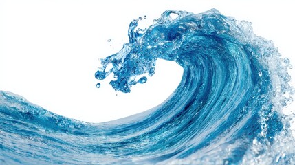A vibrant wave of blue water captures the dynamic movement and energy of the ocean, showcasing frothy details against a white background.