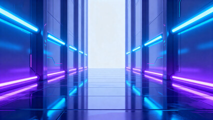 Futuristic corridor with neon blue and purple lighting, reflective floor, and symmetrical design