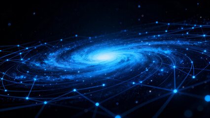 Fototapeta premium A spiral galaxy illuminated by blue light with interconnected nodes forming a network overlay in space
