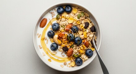 A white bowl holds breakfast cereal with milk blueberries nuts seeds raisins and a spiral of golden honey with a silver spoon