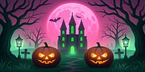 Fototapeta premium Spooky Halloween Castle Scene: Glowing Jack-o'-lanterns, Pink Moon, and Eerie Forest.