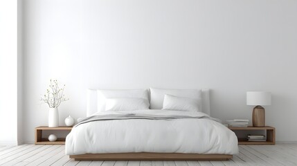 Fototapeta premium minimalist bedroom with bed and bedside table floating on white background