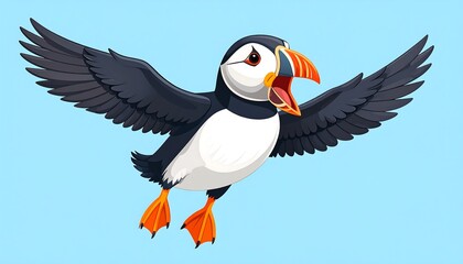 Flying Puffin Bird in Flight.