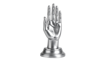 Silver hand sculpture with open palm raised isolated on solid white background Png format