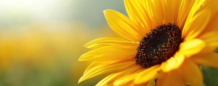 A bright sunflower blooms against a soft background, showcasing its vibrant yellow petals and dark center, symbolizing warmth and positivity.