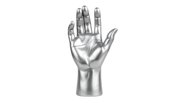 Silver hand sculpture with open palm raised isolated on solid white background Png form