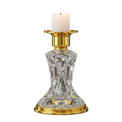 Elegant Crystal Candlestick with Burning White Candle on Gold Base and Gold Background for Home Decor and Festive Occasions