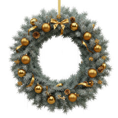 Elegant Christmas Wreath with Golden Ornaments and Silver Branches on a Transparent Background for Festive Holiday Decoration