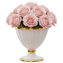 Elegant Bouquet of Soft Pink Roses in a White and Gold Vase on a Delicate Pink Background