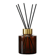 Elegant Amber Glass Reed Diffuser with Gold Cap on a Dark Gradient Background for Home Fragrance and Decor Product Mockup on Transparent Background